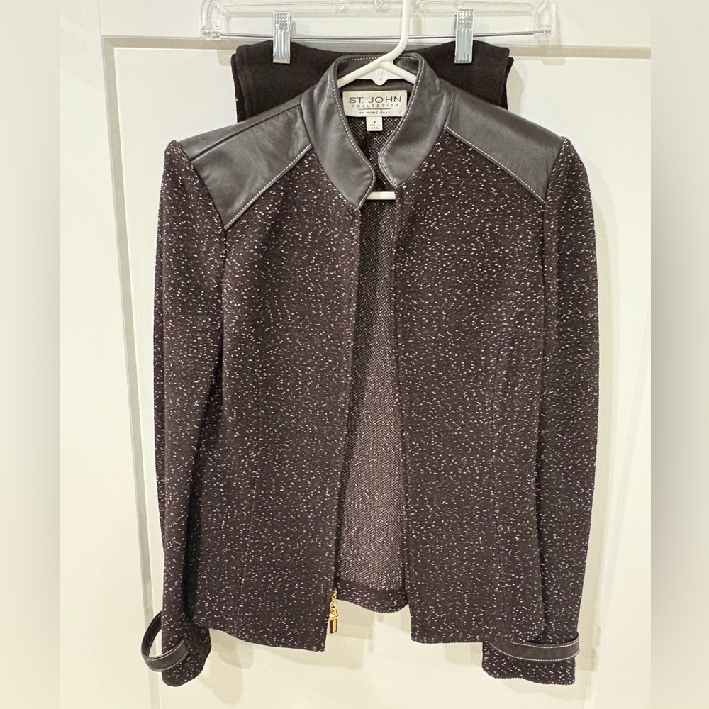 St. John Brown and Cream Leather Trim Jacket with Pants set